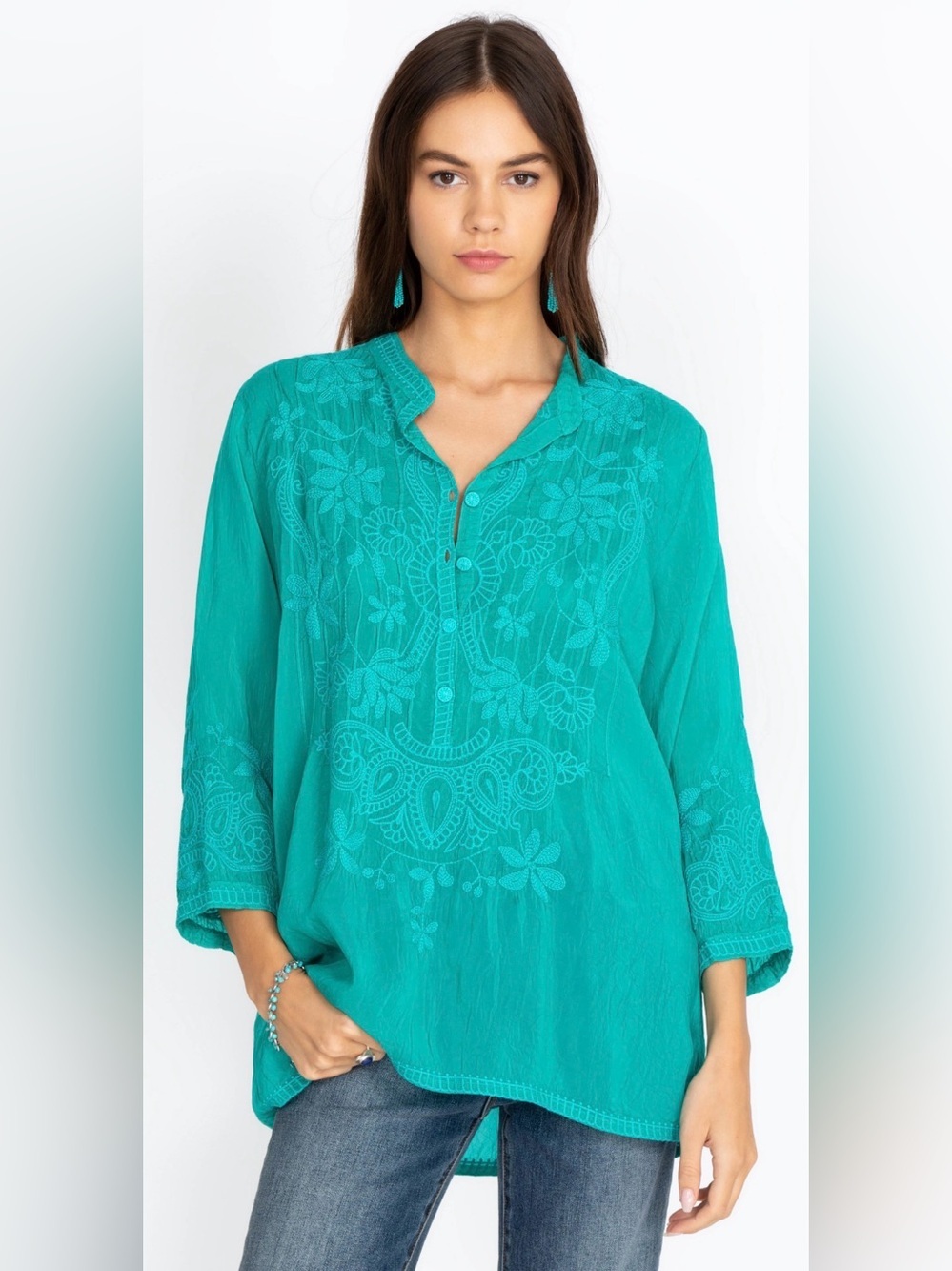 Johnny Was Teal Embroidered Henley plus size summer boho Tunic